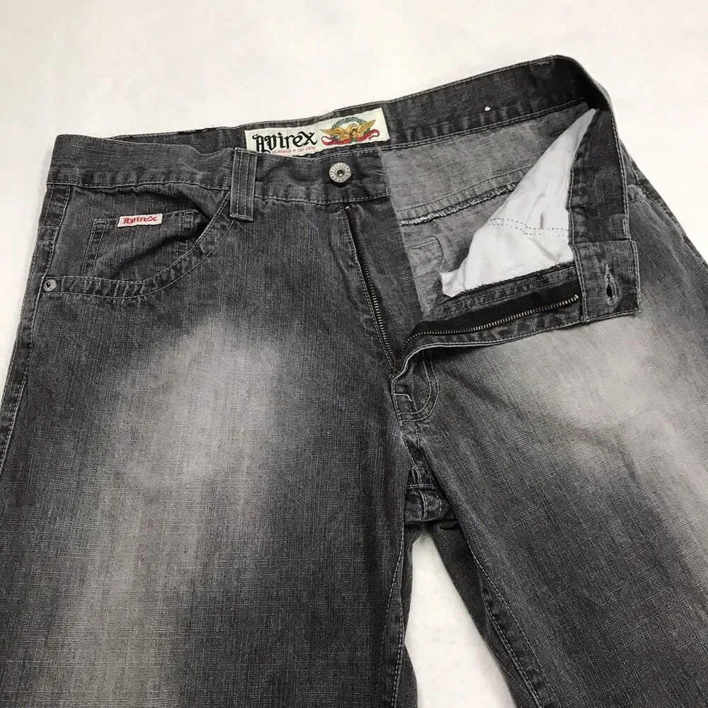 Vintage AVIREX Eagle Baggy Wide Leg Jeans Men 38x34 Gray Faded Y2K Hip Hop Skate